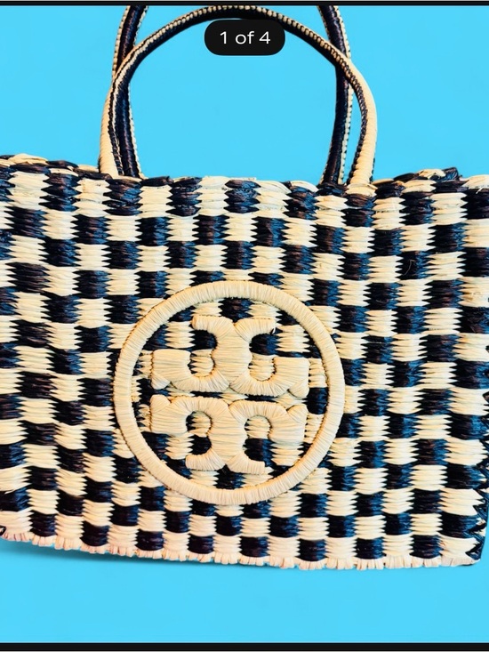 Tory Burch Handbags - Tory Burch Black and Natural Woven Logo Tote